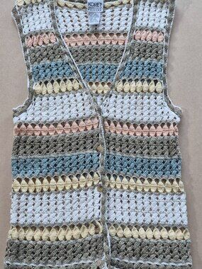 Vintage Koret Francisca Petites M Crochet Vest Ramie Cotton Pastel Button Boho